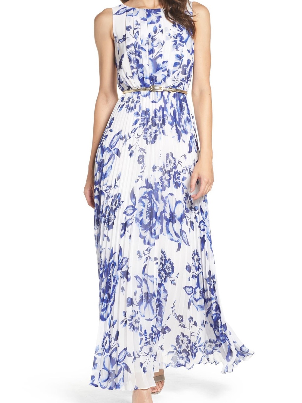 Eliza J Blue White Floral Chiffon Pleated Maxi Dress Gold Belt Size 12 NWT